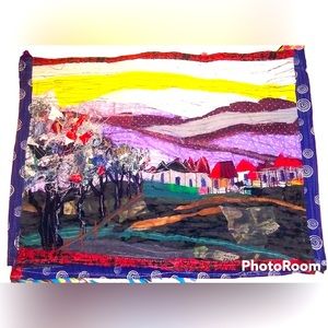 Handmade OOAK art fabric table mats village and trees - 2 pieces